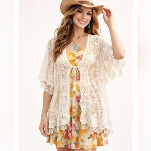 Jessica Taylor Boho Lace Crochet Kimono Cardigan Ivory Cream Floral One Size